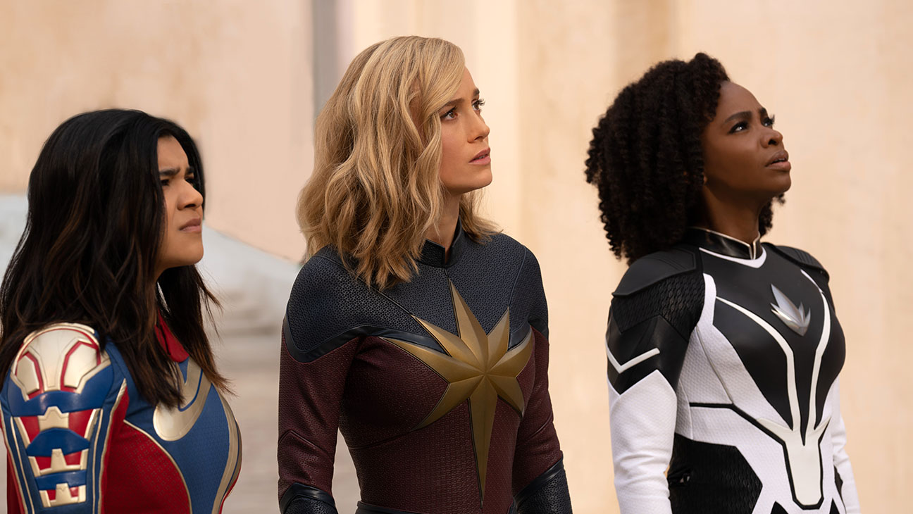 Iman Vellani, Brie Larson and Teyonah Parris in 'The Marvels.