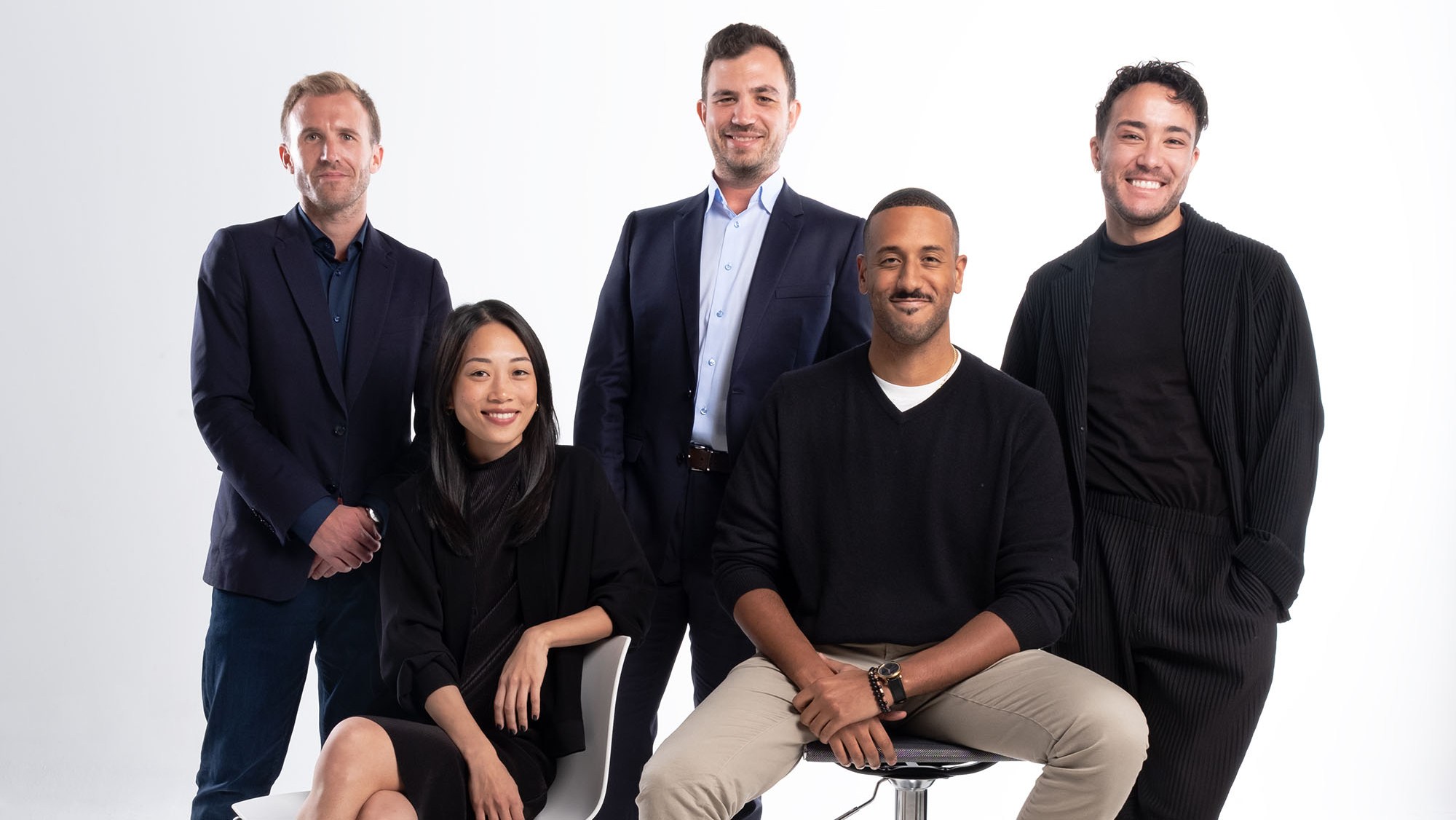 From left New Regency’s Sam Hanson, Kindred Spirit founder Anita Gou, CAA’s Adam Friedman, A24 exec Zach Vargas-Sullivan and UTA agent Houston Costa. Executives throughout were photographed Oct. 30 and Nov. 3 at PMC Studios in L.A.